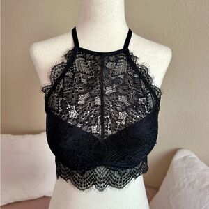 VICTORIA'S SECRET PINK Bralette Bra Black Lace Push-Up Halter High Neck Size M